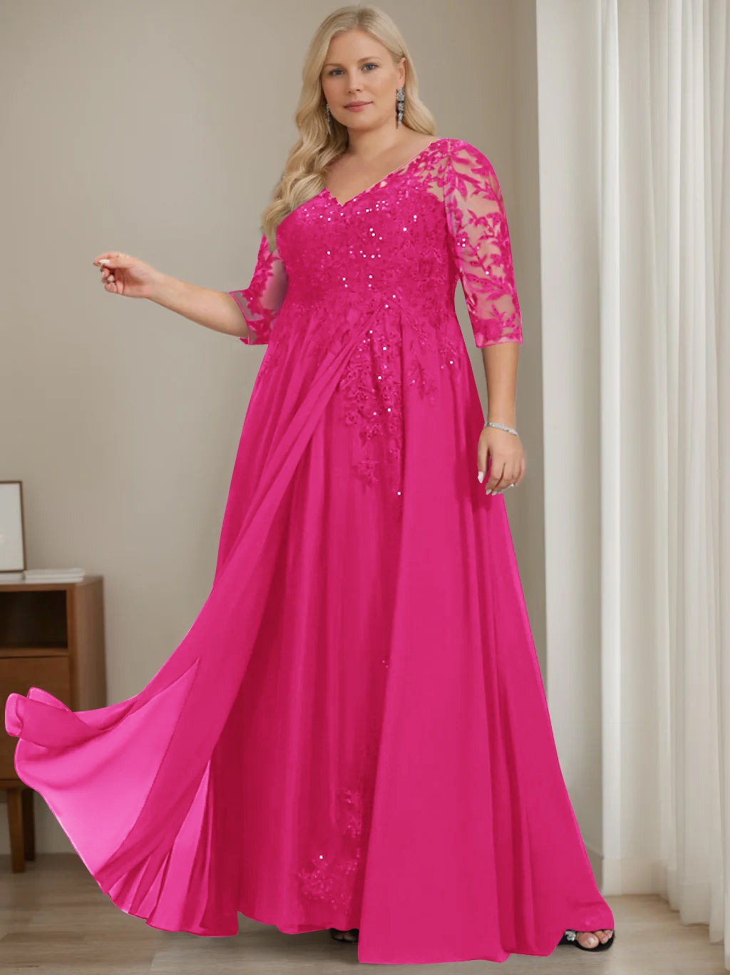 A-Line/Princess V-Neck Half Sleeves Floor-Length Plus Size Mother of the Bride Dresses with Sequins