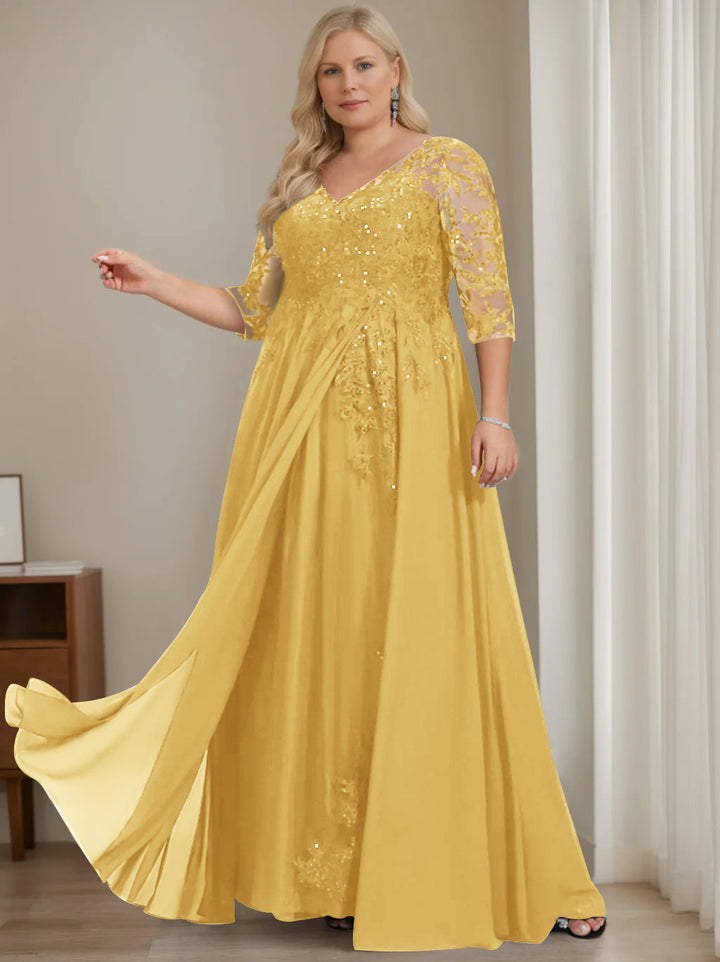 A-Line/Princess V-Neck Half Sleeves Floor-Length Plus Size Mother of the Bride Dresses with Sequins