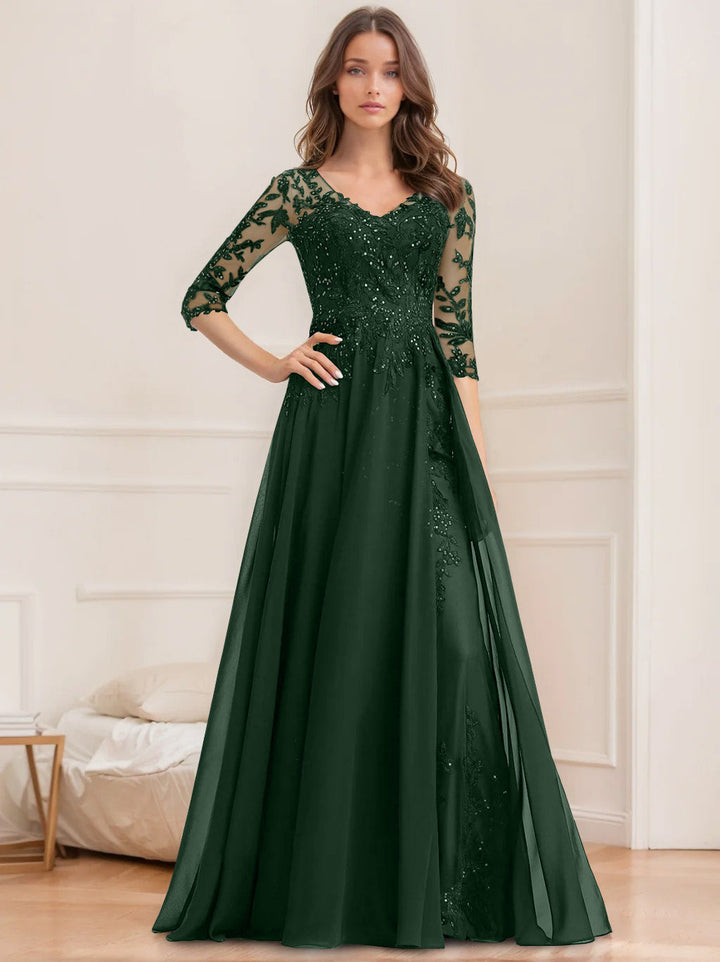 A-Line/Princess V-Neck Half Sleeves Floor-Length Mother of the Bride Dresses with Sequins