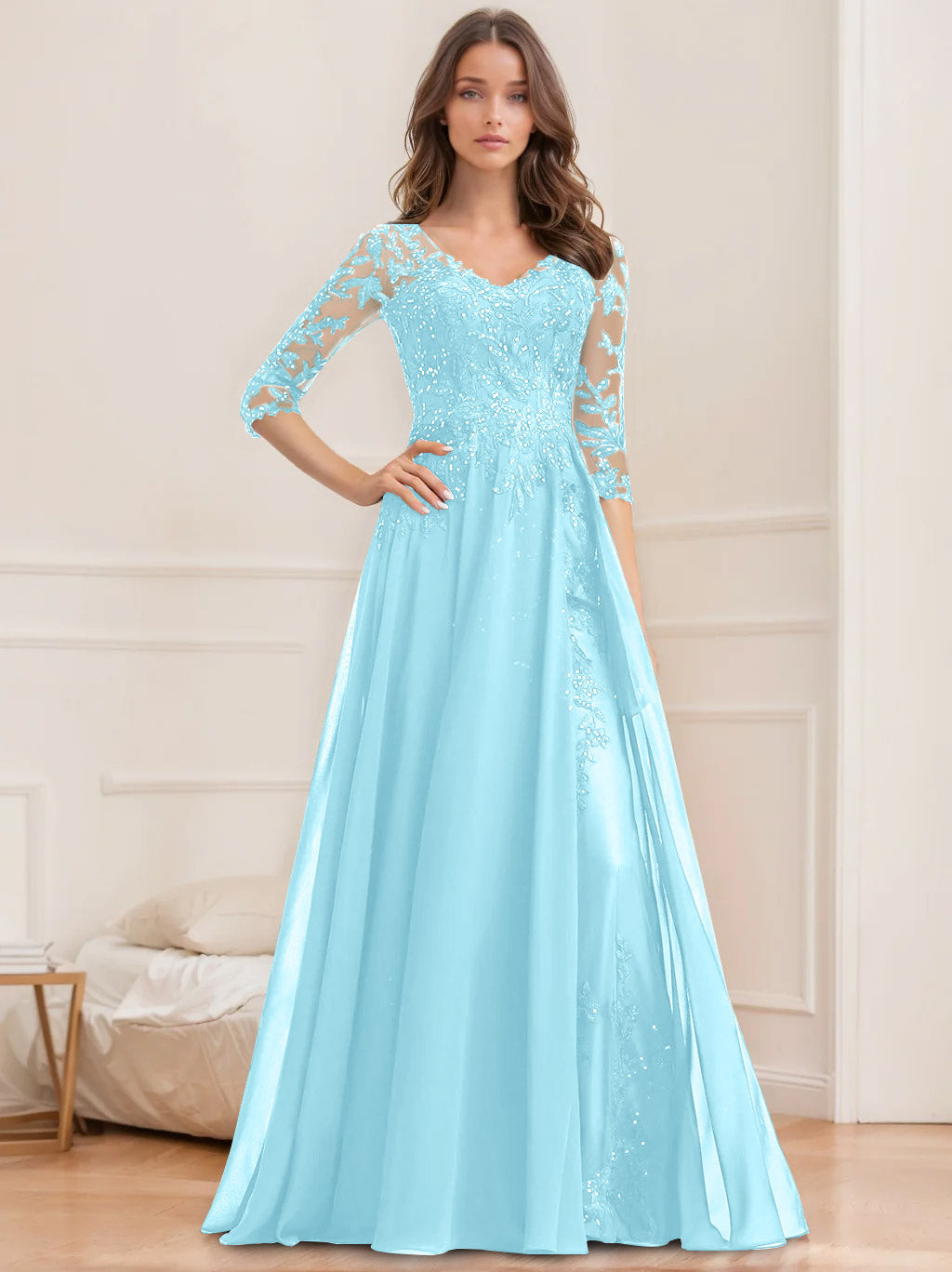 A-Line/Princess V-Neck Half Sleeves Floor-Length Mother of the Bride Dresses with Sequins