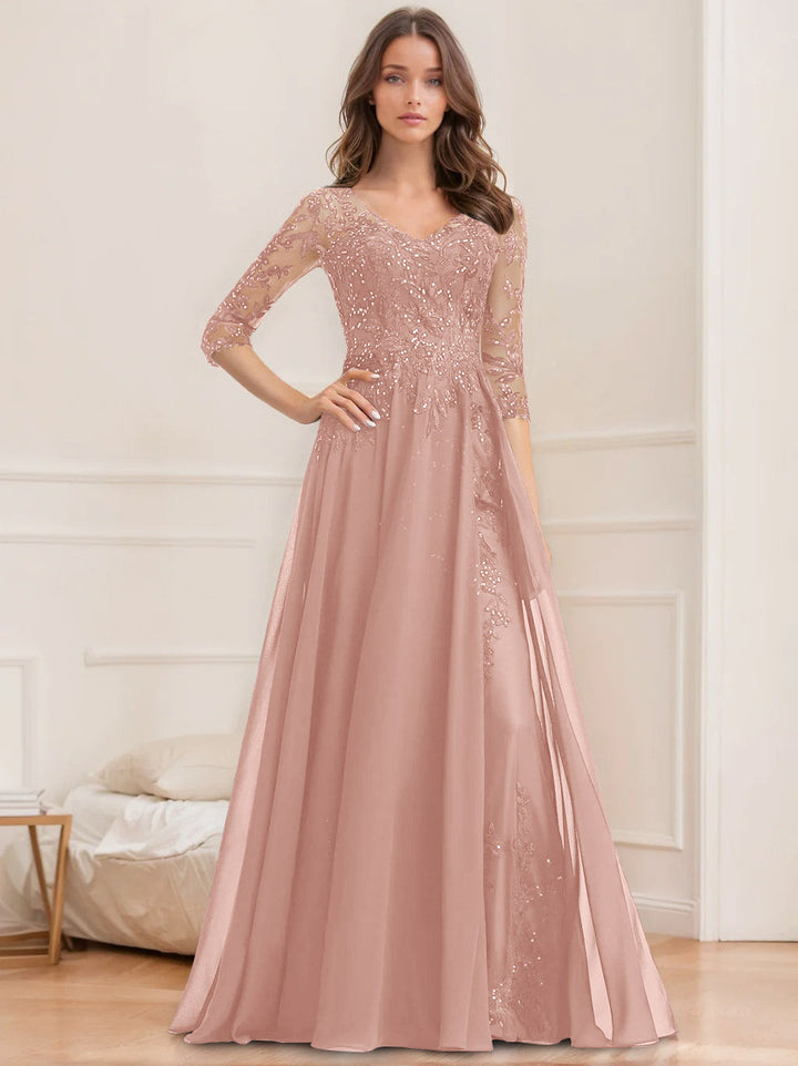 A-Line/Princess V-Neck Half Sleeves Floor-Length Mother of the Bride Dresses with Sequins