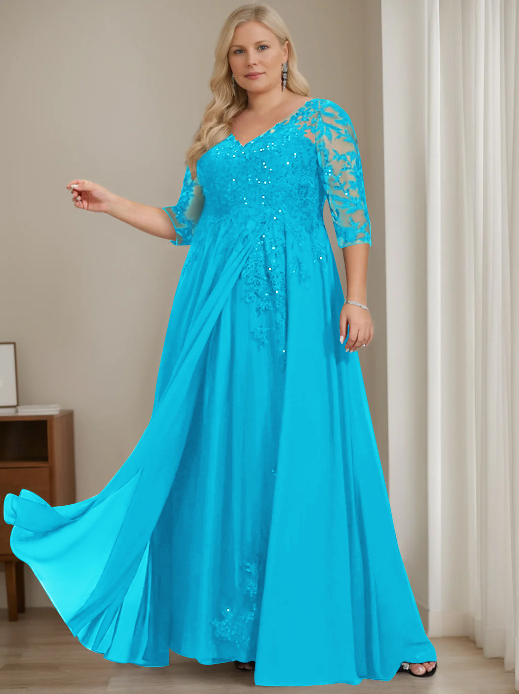 A-Line/Princess V-Neck Half Sleeves Floor-Length Plus Size Mother of the Bride Dresses with Sequins