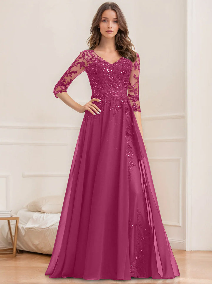 A-Line/Princess V-Neck Half Sleeves Floor-Length Mother of the Bride Dresses with Sequins