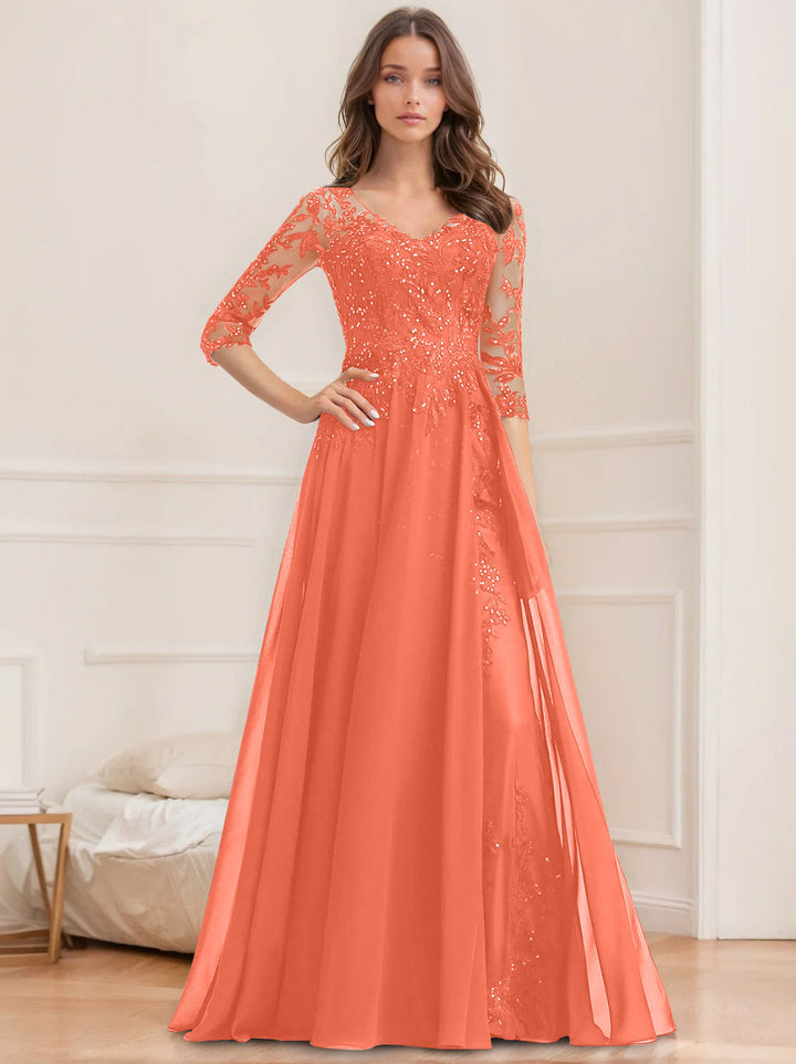 A-Line/Princess V-Neck Half Sleeves Floor-Length Mother of the Bride Dresses with Sequins