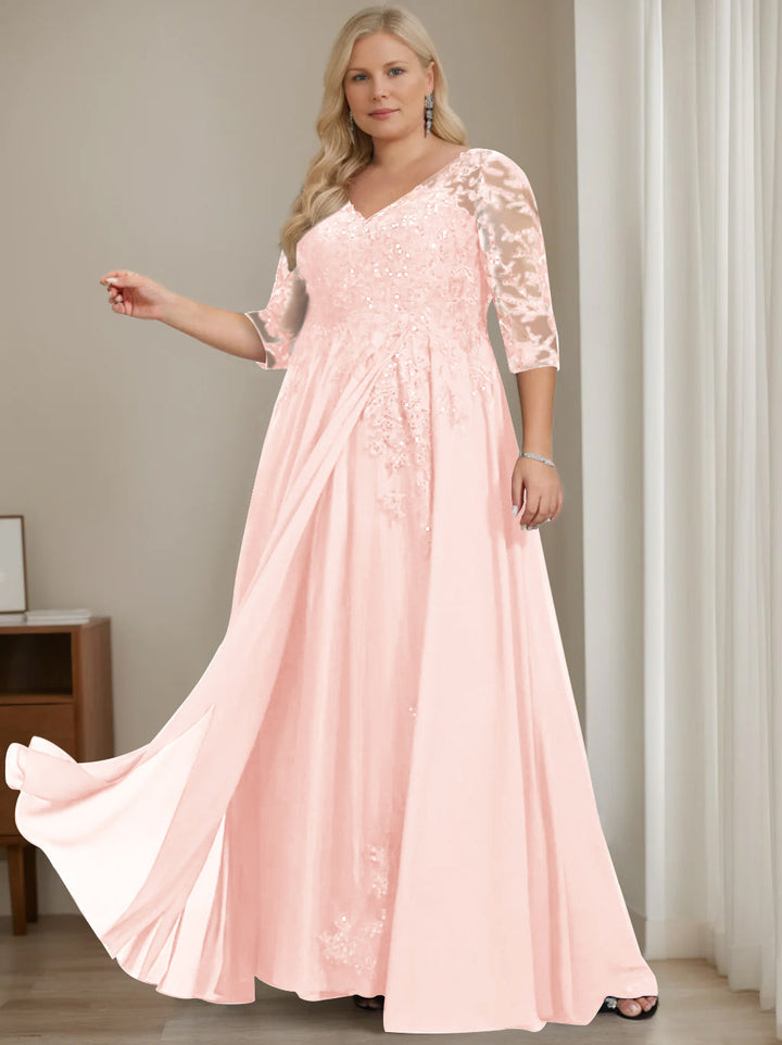 A-Line/Princess V-Neck Half Sleeves Floor-Length Plus Size Mother of the Bride Dresses with Sequins