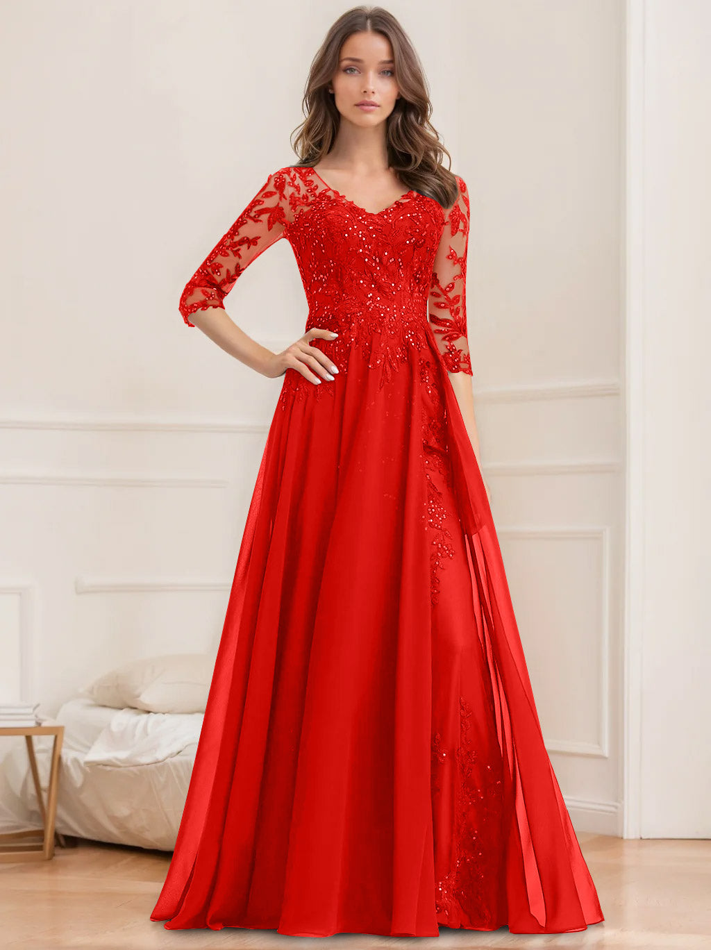 A-Line/Princess V-Neck Half Sleeves Floor-Length Mother of the Bride Dresses with Sequins