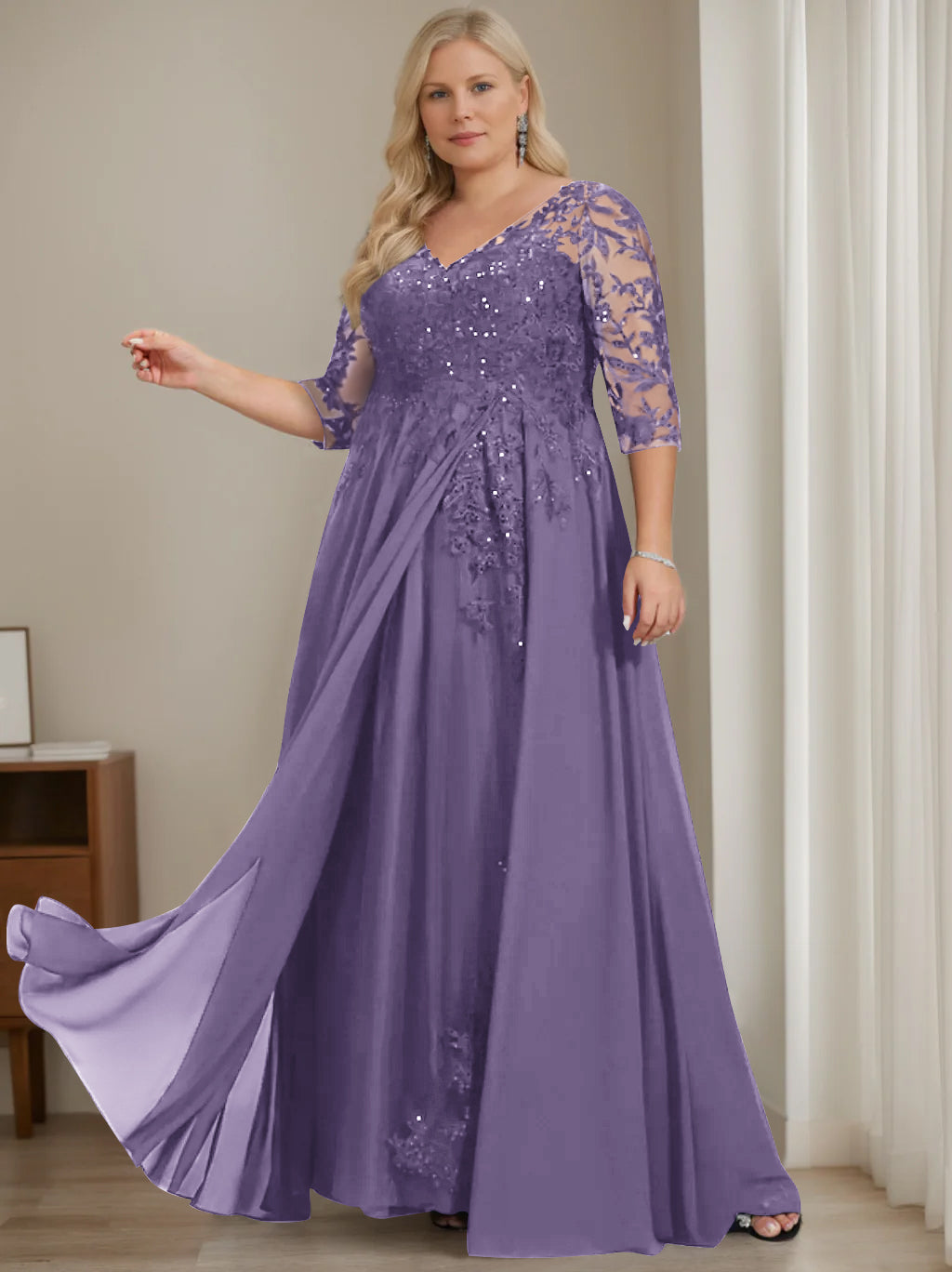 A-Line/Princess V-Neck Half Sleeves Floor-Length Plus Size Mother of the Bride Dresses with Sequins