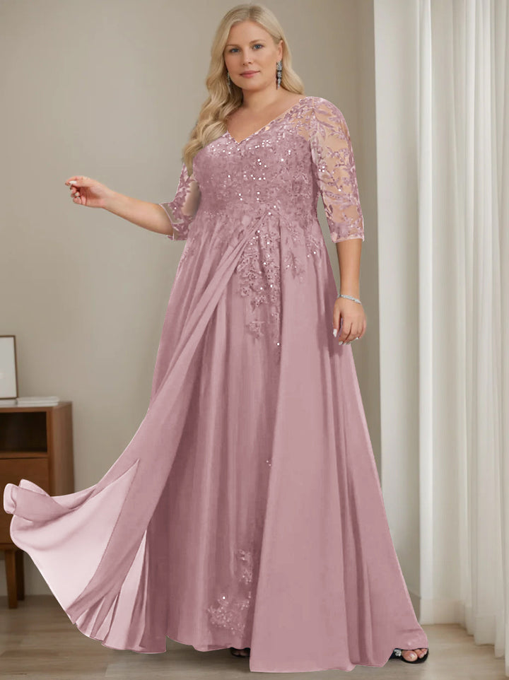 A-Line/Princess V-Neck Half Sleeves Floor-Length Plus Size Mother of the Bride Dresses with Sequins