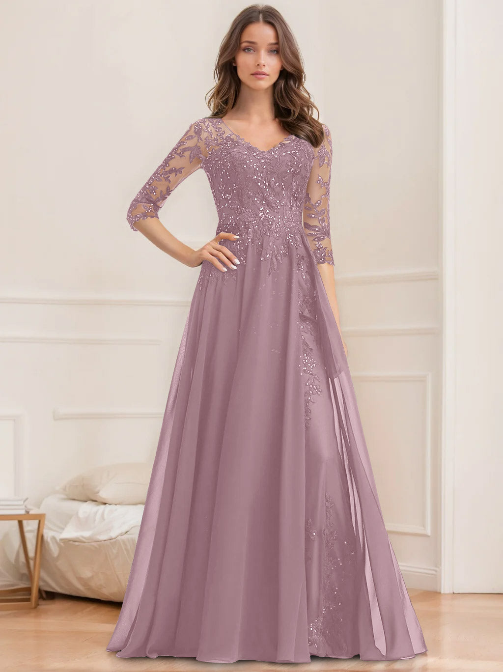 A-Line/Princess V-Neck Half Sleeves Floor-Length Mother of the Bride Dresses with Sequins