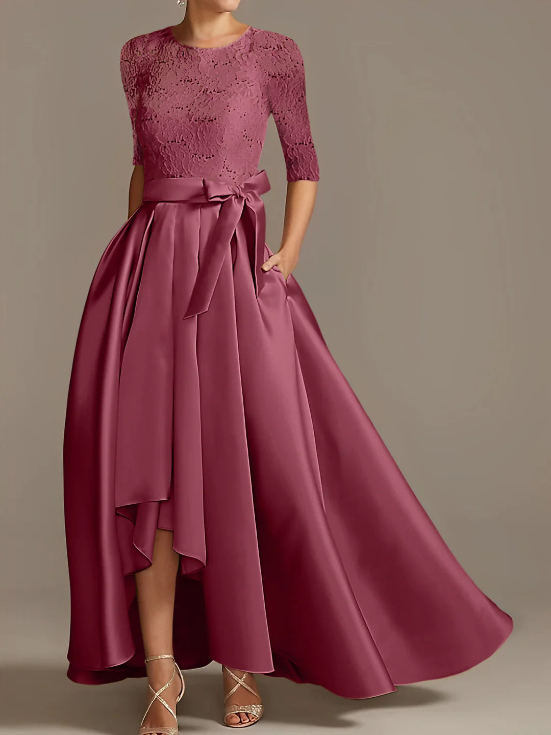 A-Line/Princess Scoop Floor-Length Half Sleeves Mother of the Bride Dresses with Ruffles  Bow(s)