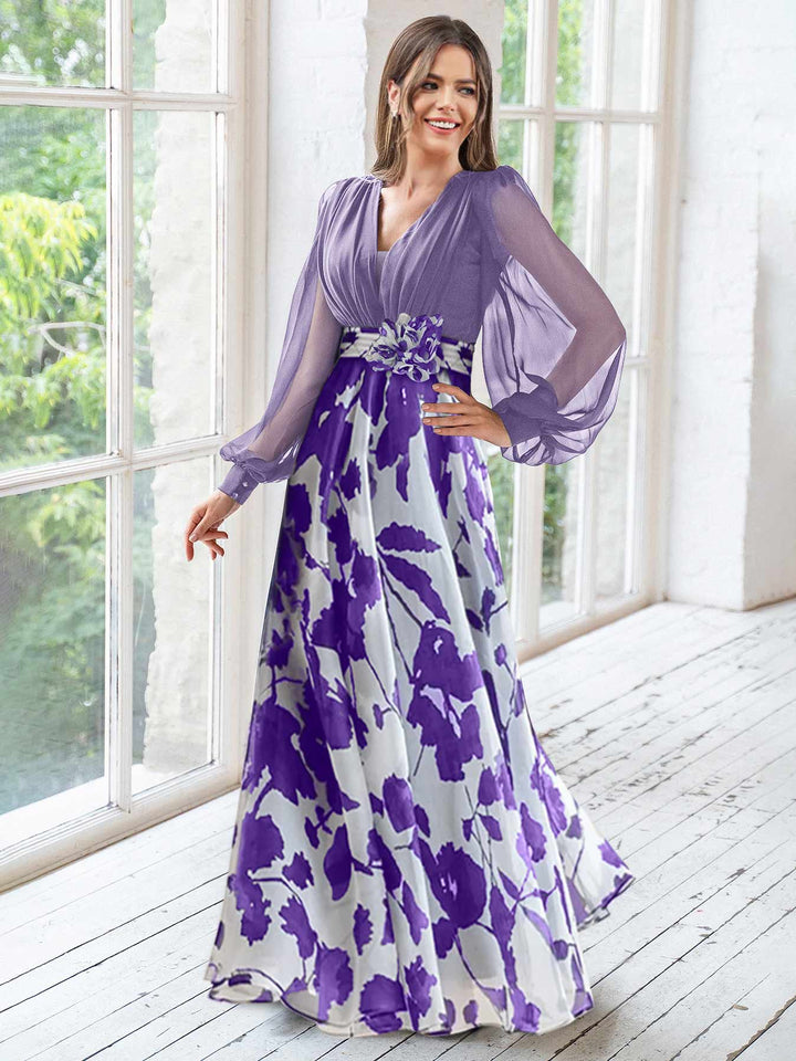 Thahiti and purple floral mother of the bride dress