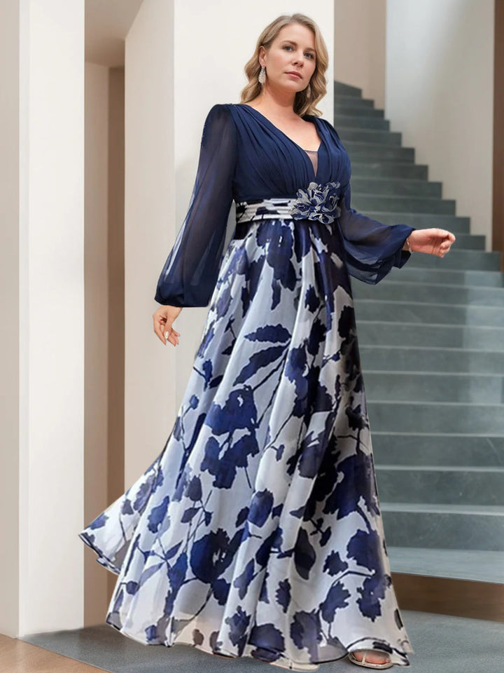 navy blue plus size floral print mother of the bride dress