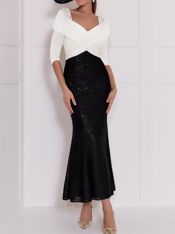 Trumpet/Mermaid Ankle-Length V-Neck 3/4 Sleeves Sequined Mother Of The Bride Dresses