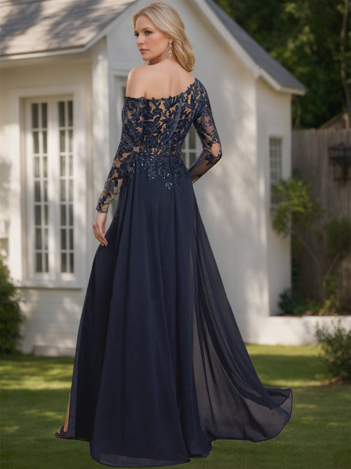 A-Line/Princess One-Shoulder Long Sleeves Floor Length Mother of the Bride Dresses with High Split