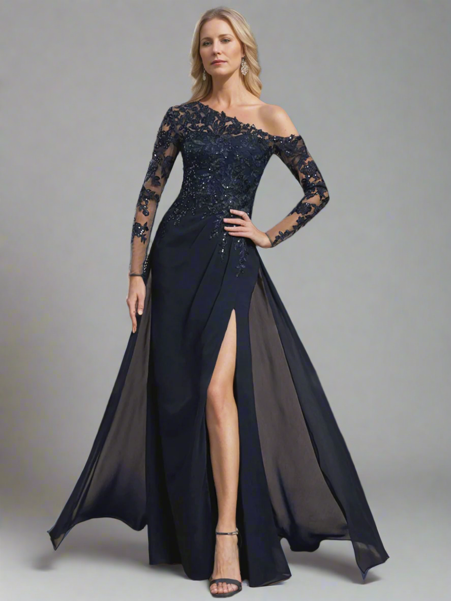 A-Line/Princess One-Shoulder Long Sleeves Floor Length Mother of the Bride Dresses with High Split