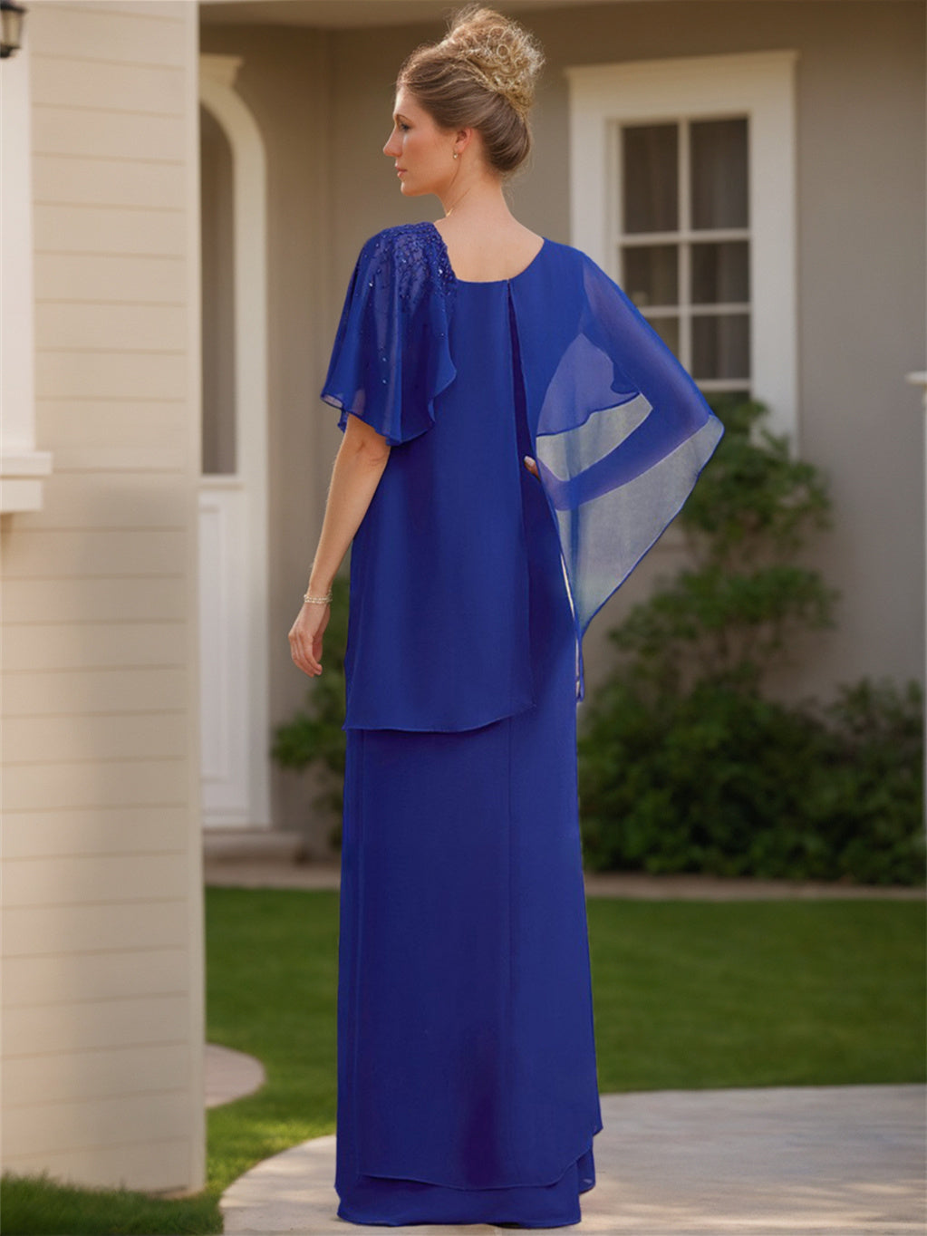 Sheath/Column Chiffon Floor-Length Short Sleeves Asymmetrical Ruffle Mother of the Bride Dresses