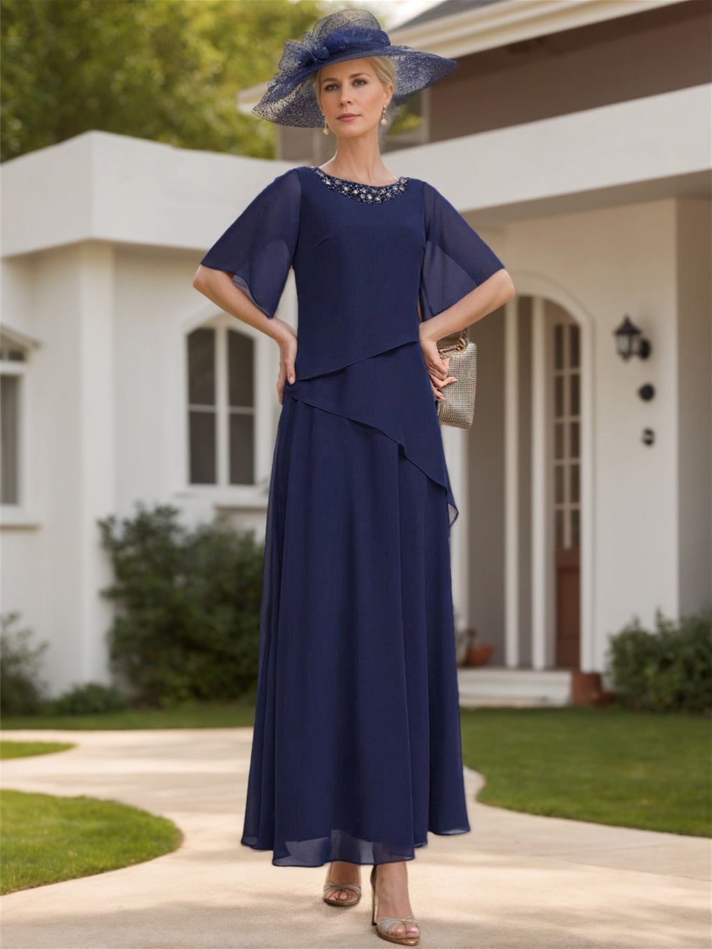 A-Line/Princess Chiffon Ankle-Length 1/2 Sleeves Scoop Mother of the Bride Dresses