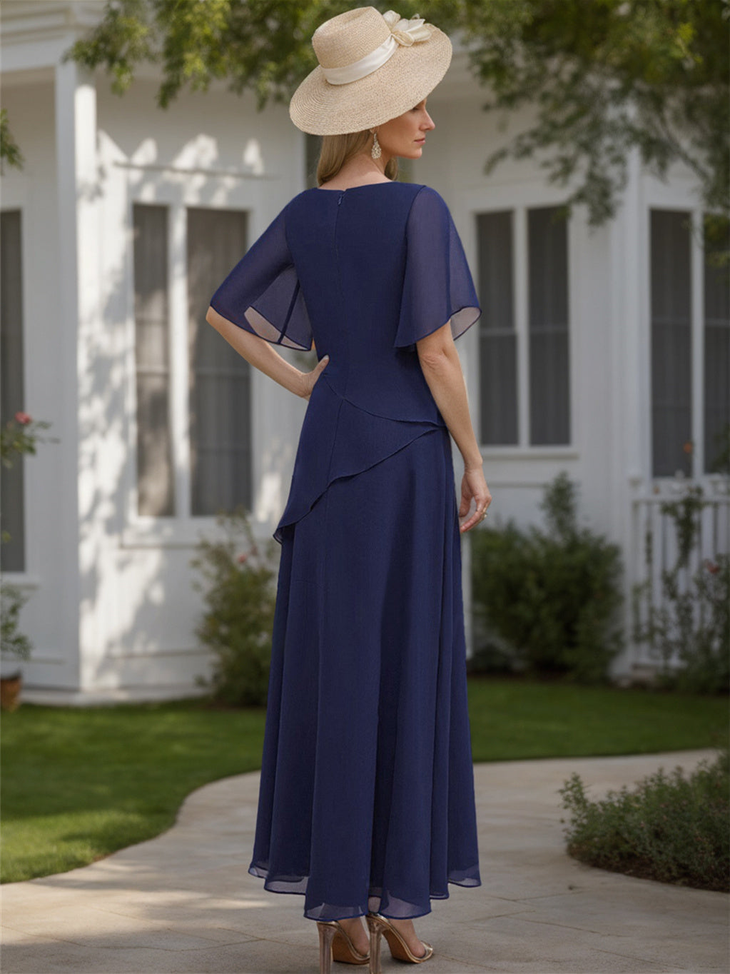 A-Line/Princess Chiffon Ankle-Length 1/2 Sleeves Scoop Mother of the Bride Dresses