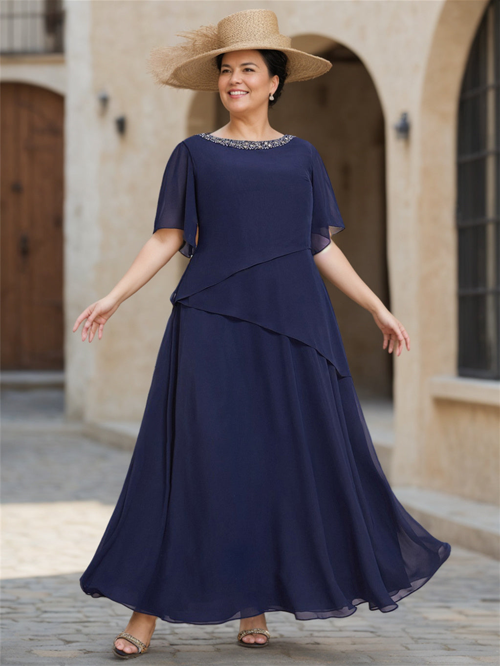 A-Line/Princess Chiffon Ankle-Length 1/2 Sleeves Scoop Mother of the Bride Dresses