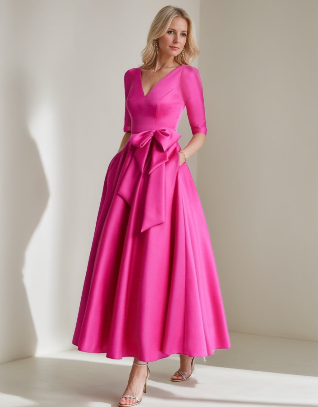 A-Line/Princess V Neck 3/4 Length Sleeve Tea Length Satin Mother of the Bride Dresses with Bow(s)