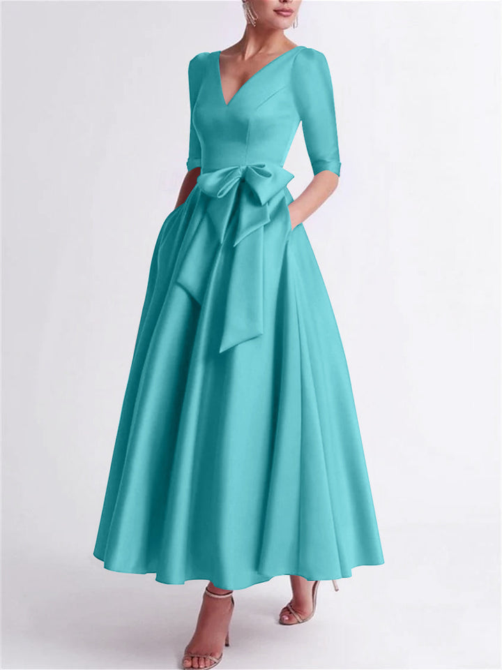 A-Line/Princess V Neck 3/4 Length Sleeve Tea Length Satin Mother of the Bride Dresses with Bow(s)