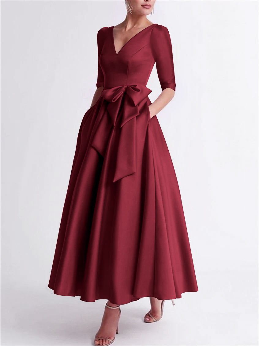 A-Line/Princess V Neck 3/4 Length Sleeve Tea Length Satin Mother of the Bride Dresses with Bow(s)