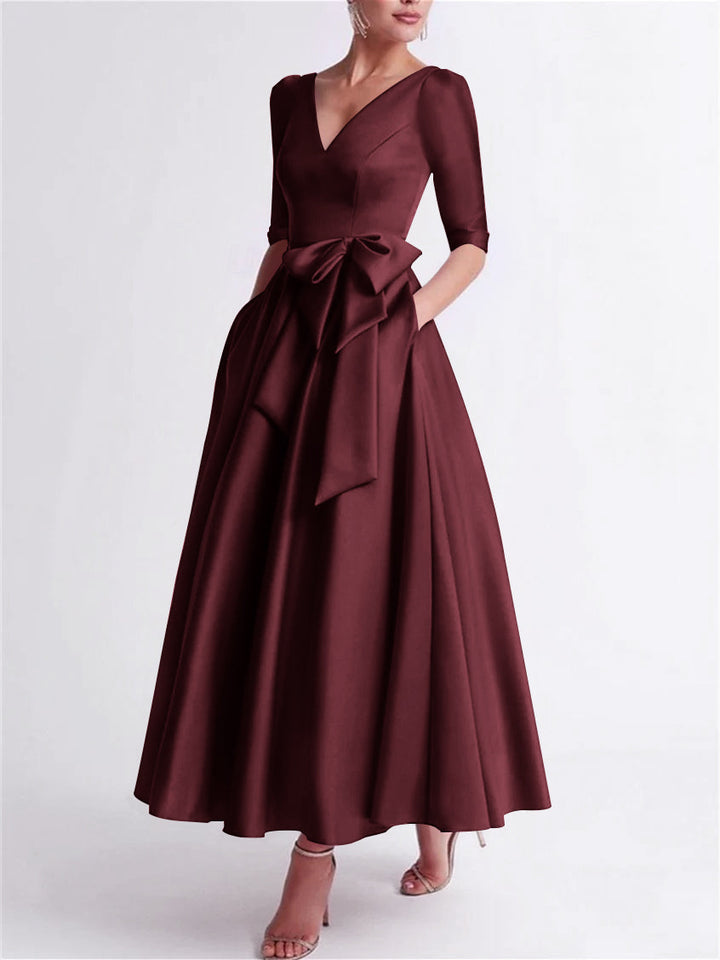 A-Line/Princess V Neck 3/4 Length Sleeve Tea Length Satin Mother of the Bride Dresses with Bow(s)