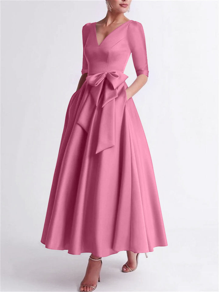 A-Line/Princess V Neck 3/4 Length Sleeve Tea Length Satin Mother of the Bride Dresses with Bow(s)