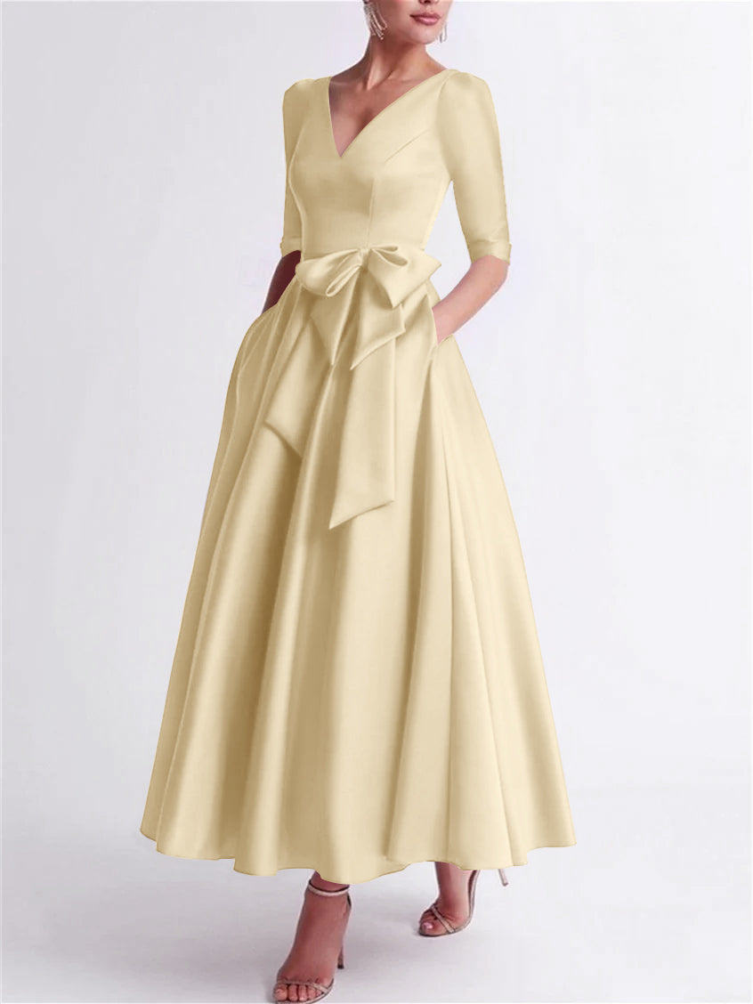 A-Line/Princess V Neck 3/4 Length Sleeve Tea Length Satin Mother of the Bride Dresses with Bow(s)