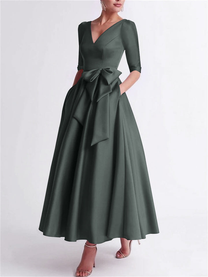 A-Line/Princess V Neck 3/4 Length Sleeve Tea Length Satin Mother of the Bride Dresses with Bow(s)