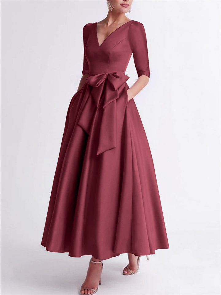 A-Line/Princess V Neck 3/4 Length Sleeve Tea Length Satin Mother of the Bride Dresses with Bow(s)
