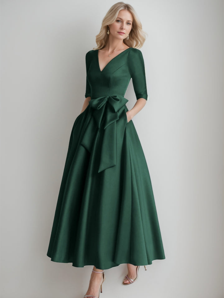 A-Line/Princess V Neck 3/4 Length Sleeve Tea Length Satin Mother of the Bride Dresses with Bow(s)