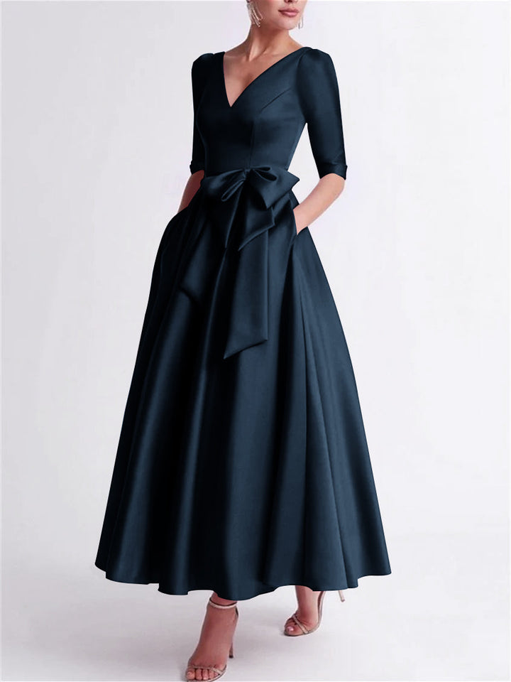 A-Line/Princess V Neck 3/4 Length Sleeve Tea Length Satin Mother of the Bride Dresses with Bow(s)