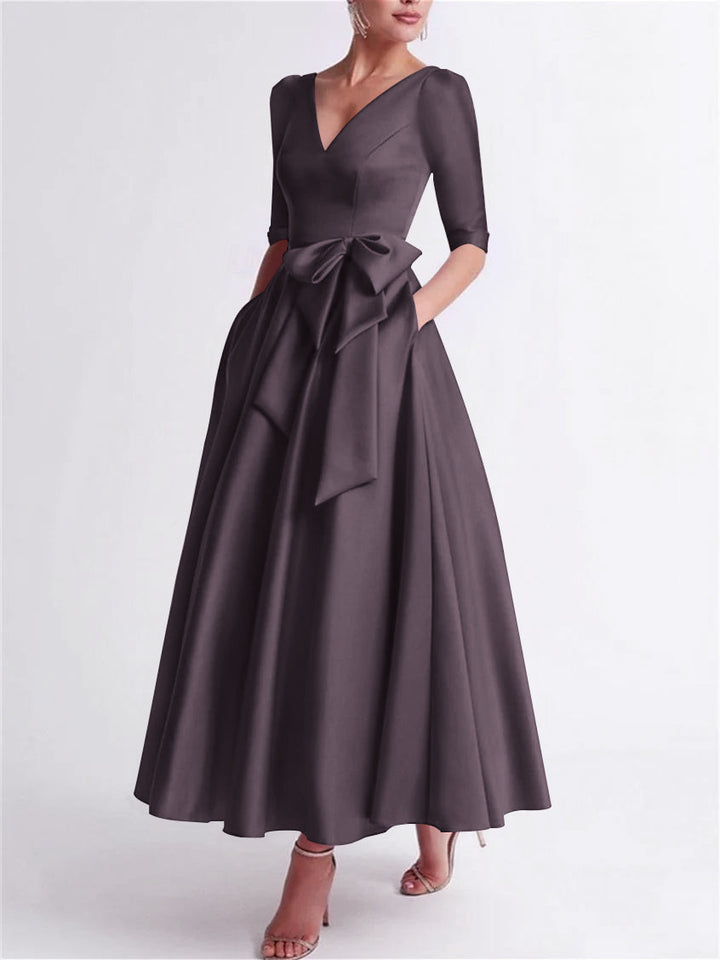 A-Line/Princess V Neck 3/4 Length Sleeve Tea Length Satin Mother of the Bride Dresses with Bow(s)