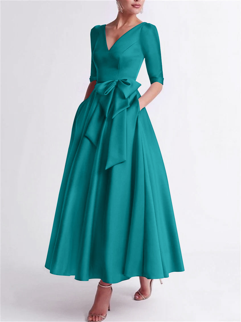 A-Line/Princess V Neck 3/4 Length Sleeve Tea Length Satin Mother of the Bride Dresses with Bow(s)