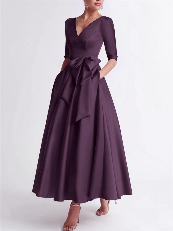 A-Line/Princess V Neck 3/4 Length Sleeve Tea Length Satin Mother of the Bride Dresses with Bow(s)