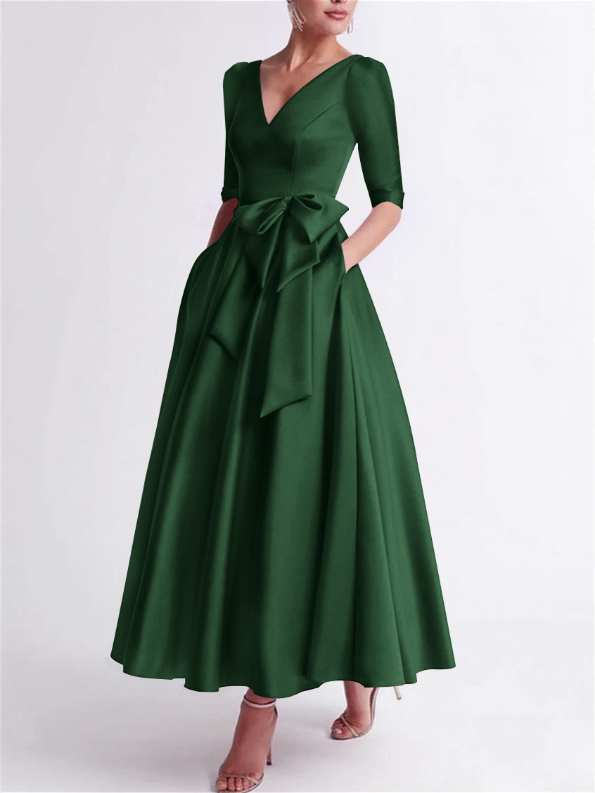 A-Line/Princess V Neck 3/4 Length Sleeve Tea Length Satin Mother of the Bride Dresses with Bow(s)