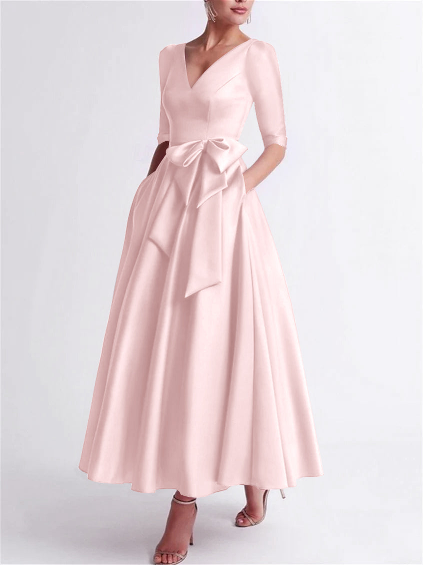 A-Line/Princess V Neck 3/4 Length Sleeve Tea Length Satin Mother of the Bride Dresses with Bow(s)