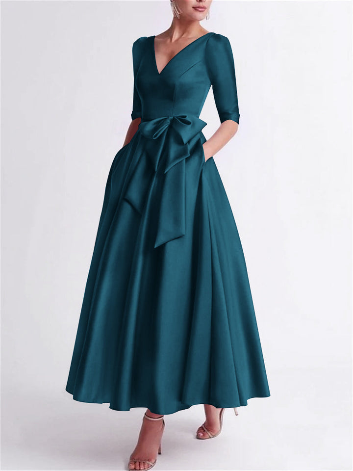A-Line/Princess V Neck 3/4 Length Sleeve Tea Length Satin Mother of the Bride Dresses with Bow(s)