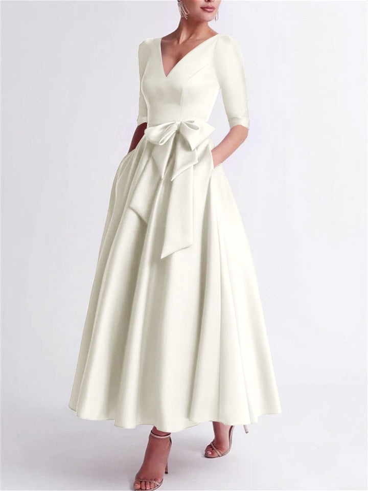A-Line/Princess V Neck 3/4 Length Sleeve Tea Length Satin Mother of the Bride Dresses with Bow(s)