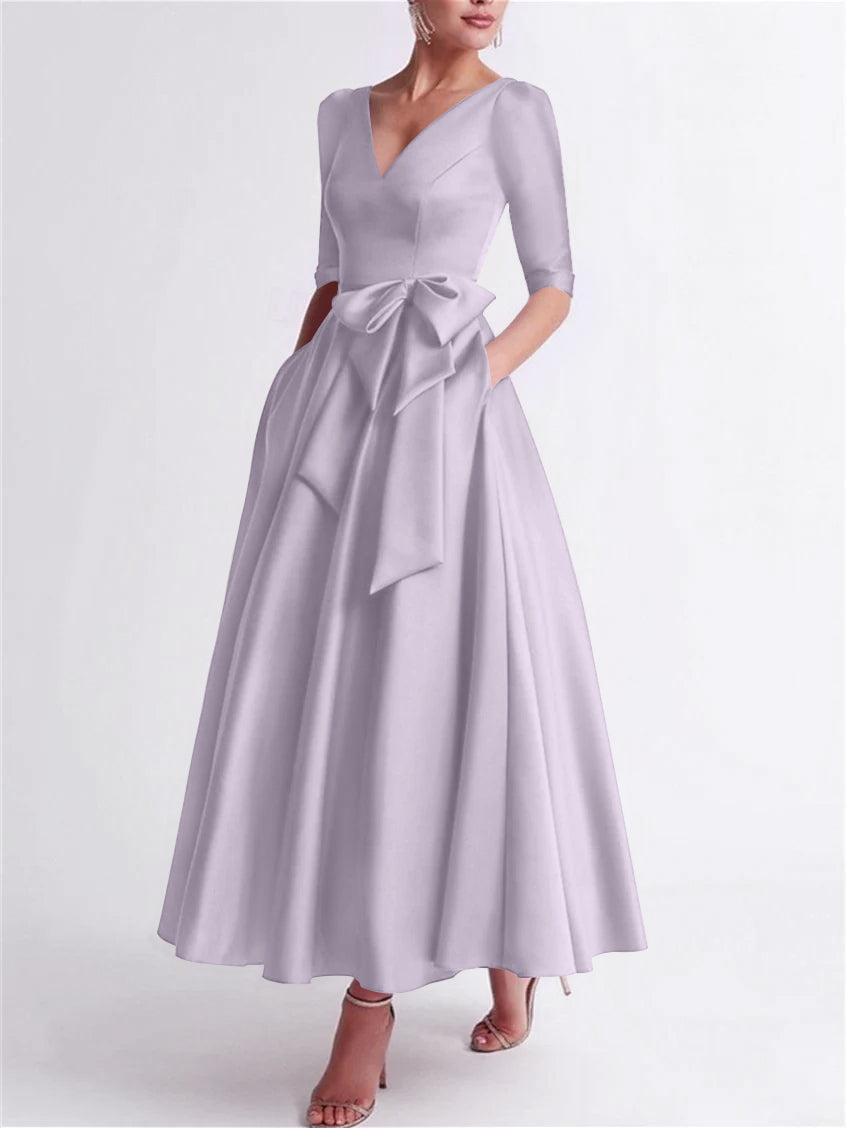 A-Line/Princess V Neck 3/4 Length Sleeve Tea Length Satin Mother of the Bride Dresses with Bow(s)