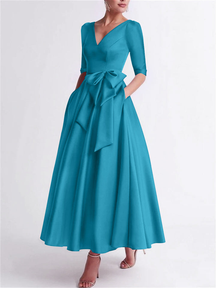 A-Line/Princess V Neck 3/4 Length Sleeve Tea Length Satin Mother of the Bride Dresses with Bow(s)