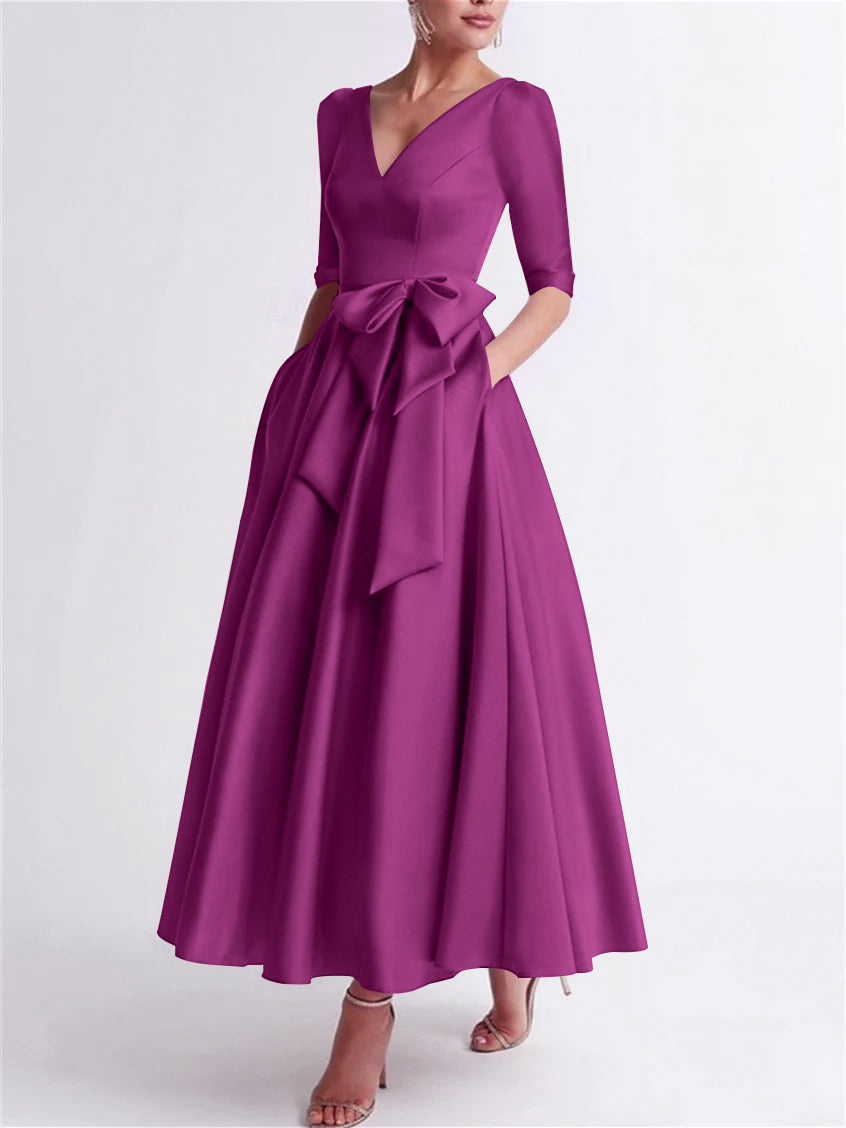 A-Line/Princess V Neck 3/4 Length Sleeve Tea Length Satin Mother of the Bride Dresses with Bow(s)