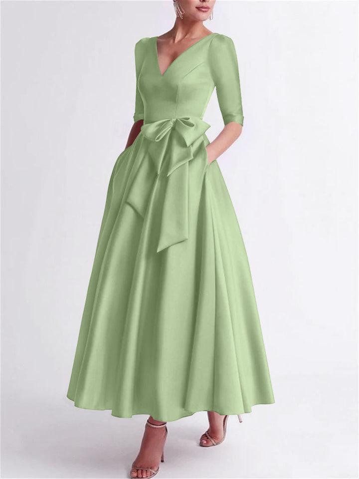 A-Line/Princess V Neck 3/4 Length Sleeve Tea Length Satin Mother of the Bride Dresses with Bow(s)