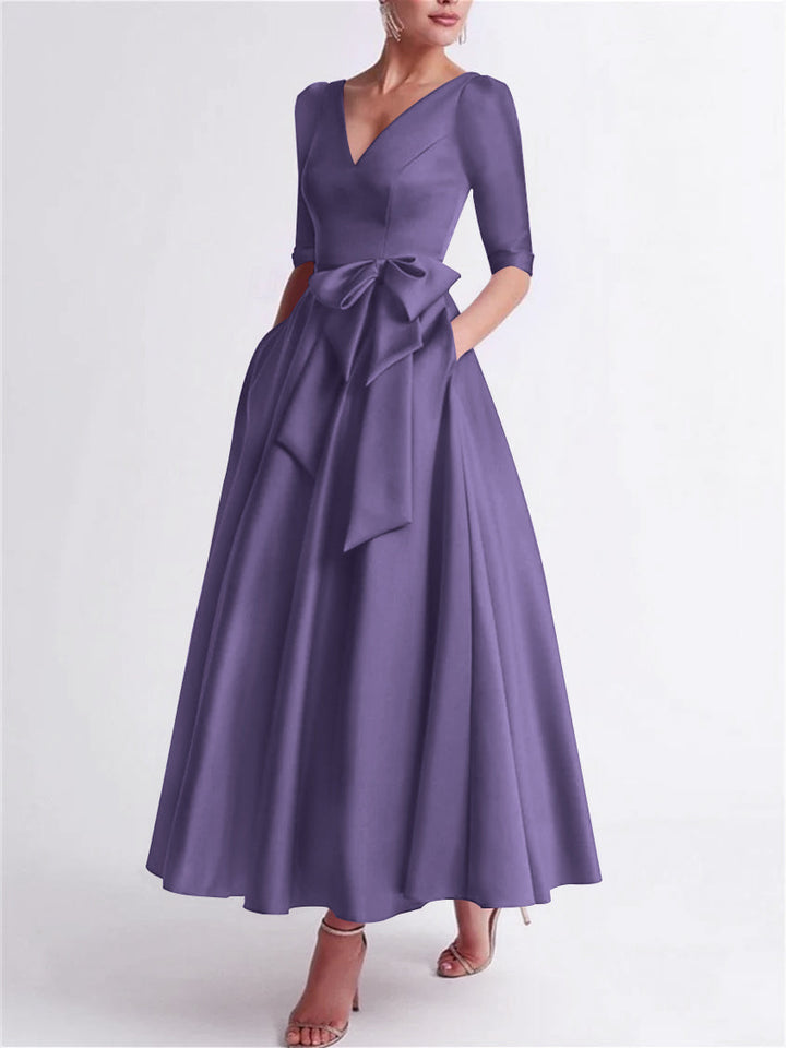 A-Line/Princess V Neck 3/4 Length Sleeve Tea Length Satin Mother of the Bride Dresses with Bow(s)