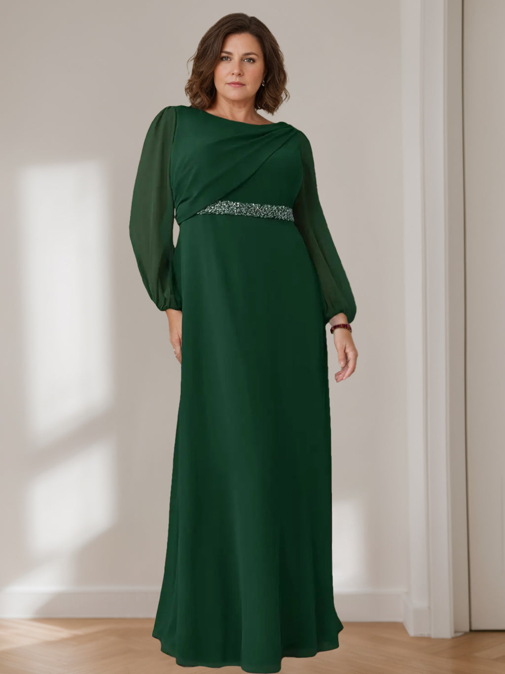 A-Line/Princess Scoop Long Sleeves Floor-Length Plus Size Mother of the Bride Dresses with Beaded, Pleated & Cascading Ruffles