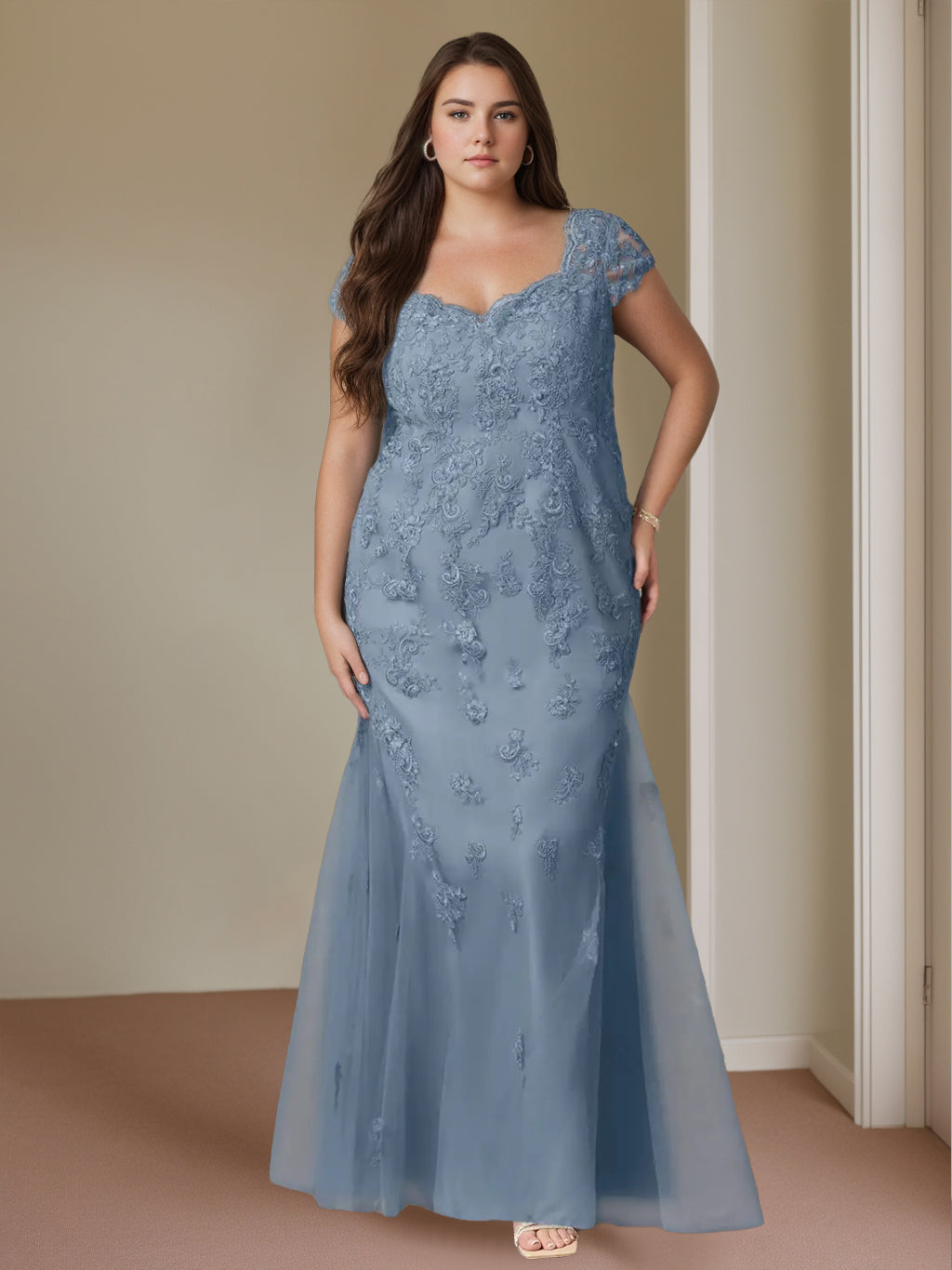 Trumpet/Mermaid Sweetheart Cap Sleeves Floor-Length Plus Size Mother of the Bride Dresses with Lace, Beaded & Sequins