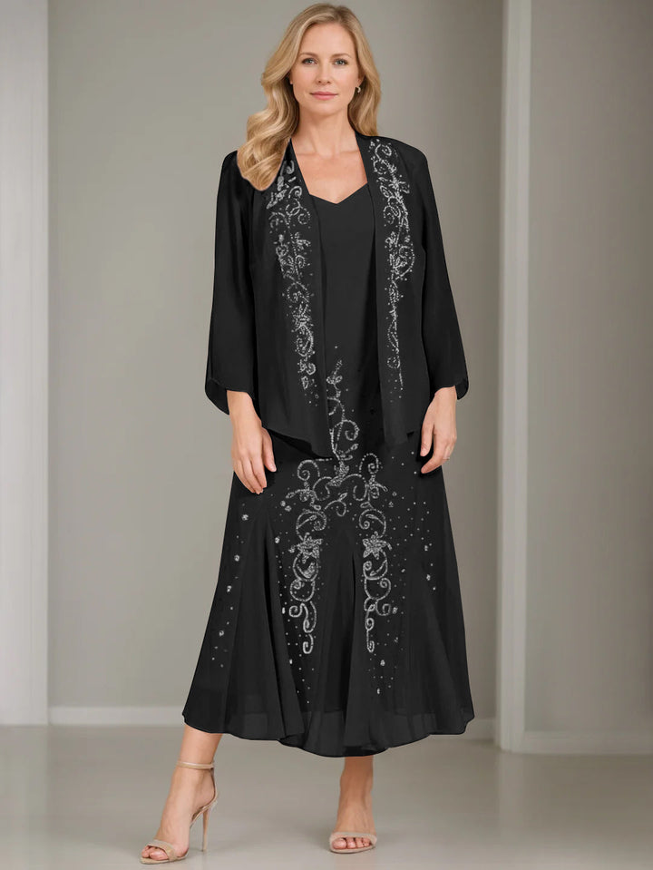 A-Line/Princess 2 Pieces V-Neck Tea-Length Plus Size Mother of the Bride Dresses with Jacket & Sequins