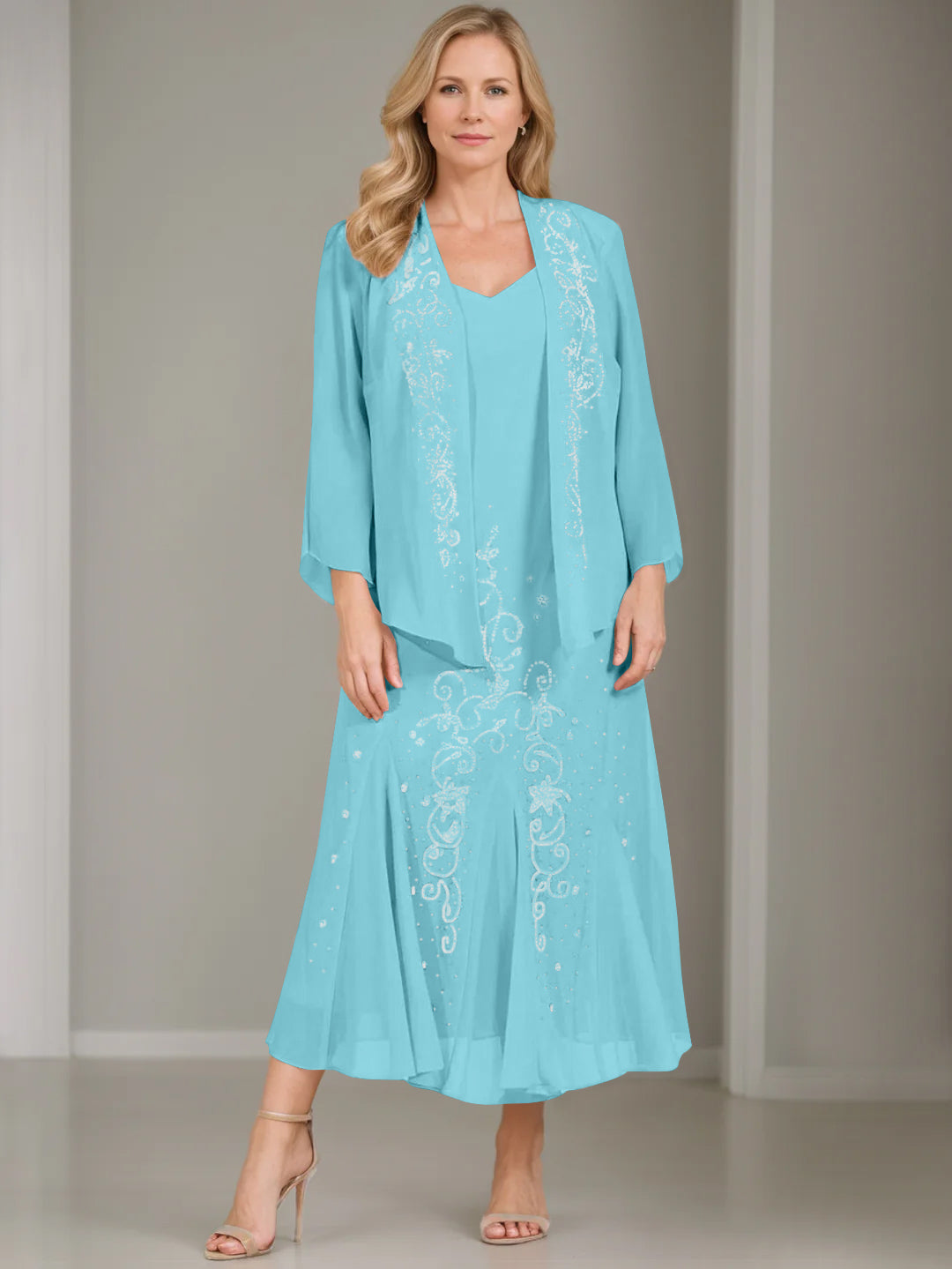 A-Line/Princess 2 Pieces V-Neck Tea-Length Plus Size Mother of the Bride Dresses with Jacket & Sequins