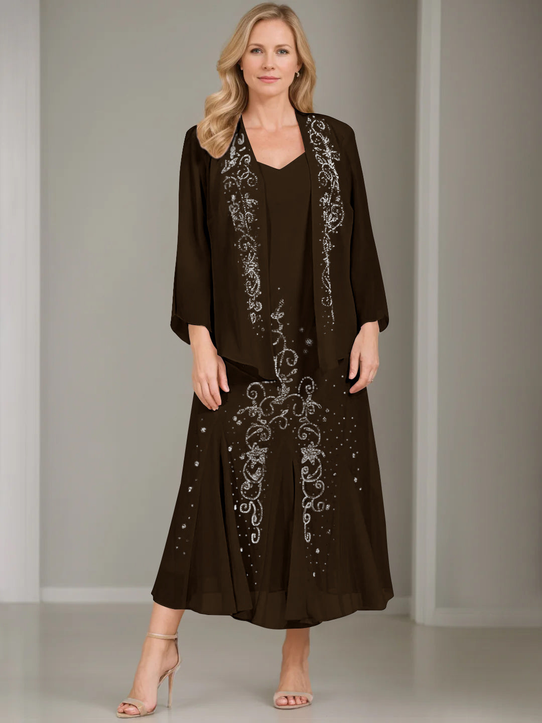 A-Line/Princess 2 Pieces V-Neck Tea-Length Plus Size Mother of the Bride Dresses with Jacket & Sequins